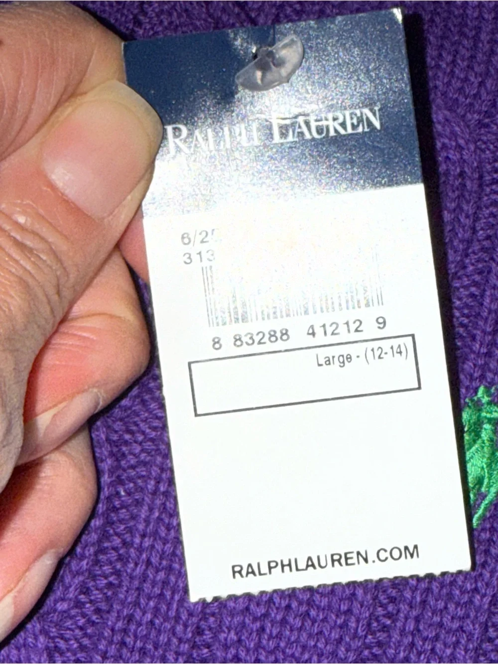 Ralph Lauren Girls Cable Knit Sweater Purple Lace Henley Pony Logo large L 12-14